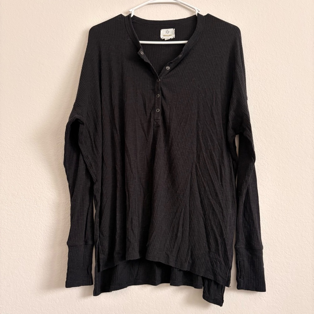 Aerie Black Ribbed Oversized Long Sleeve Top - size S